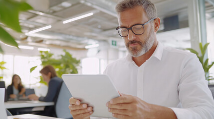Mature business people using digital tablet while working with colleagues in background at open plan office