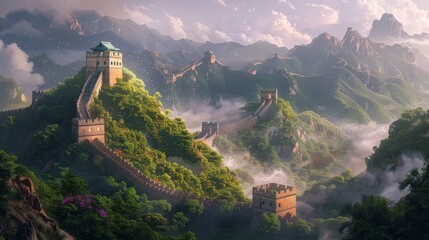 Fototapeta premium Ancient wall stands majestically among lush mountains and mist during early morning light