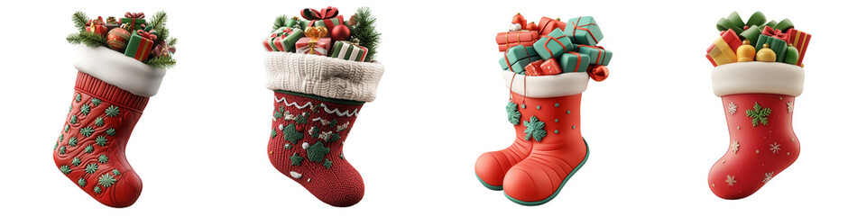 Festive Christmas stockings filled with gifts, vibrant colors and holiday decorations, perfect for seasonal celebrations. isolated on a transparent background