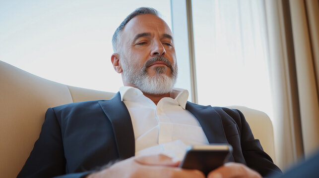 Mature businessman using a smart phone in a hotel room