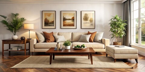 Cozy living room interior with plush beige sofa, dark wood coffee table, and tasteful artwork adorning a fresh white wall, exuding warmth and serenity.