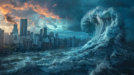 Massive wave crashing into a city skyline during a storm at dusk