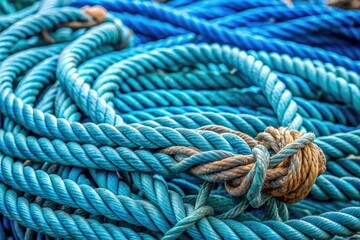 Fototapeta premium Coiled blue fishing net with intricate rope texture and pattern, set against a blurred abstract background, evoking a sense of rustic maritime industry and labor.