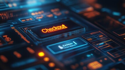 The digital checkout interface has a glowing red Checkout button, surrounded by blue and orange futuristic elements that symbolize online shopping and the background of e-commerce technology.