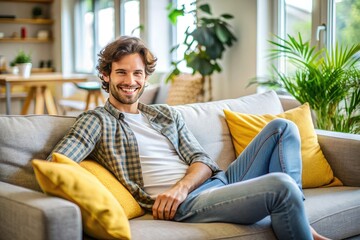 Obraz premium Relaxed young adult sits comfortably on a couch in a cozy living room, beaming with happiness and confidence, enjoying a serene spring break weekend.