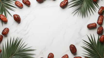 3d dates fruit with palm trees emerging from corners leaving ample copy space in centre.