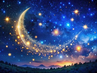 Naklejka premium Vibrant starry night sky with millions of twinkling lights scattered across the dark blue heavens, illuminated by a soft, crescent moon's gentle glow.