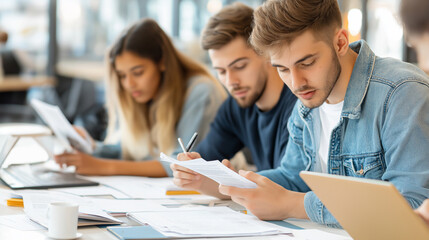 Fototapeta premium Multiracial coworkers doing paperwork together