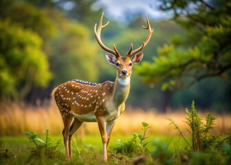 Obraz premium Majestic axis deer stands proudly in its natural habitat, showcasing a striking pose that exudes grace, strength, and beauty in the wild, perfect for nature themes.
