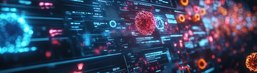 Fototapeta premium Futuristic Digital Interface with Virus Cells and Data Streams Representing Cybersecurity and Medical Research