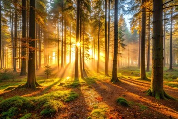 Vibrant morning scene of a misty forest, illuminated by warm golden light of the rising sun, casting long shadows on the forest floor.