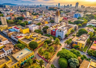 Aerial view of Lima's Barranco neighborhood in 2023, showcasing Spanish colonial historic buildings alongside modern homes and worn, aged structures in a gastronomic hub.