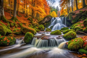 Majestic autumn waterfall cascades down moss-covered rocks in serene Bavarian forest, surrounded by vibrant fall foliage and tranquil creek, creating a peaceful outdoor haven.