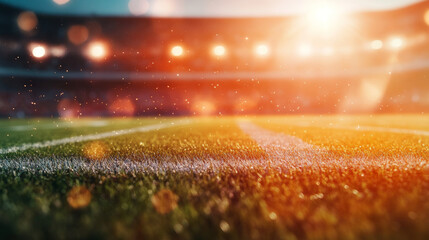 An American football on the field grass in a brightly lit outdoor stadium, with the focus on the foreground and a shallow depth of field in the background. The scene features deliberate lens flare.