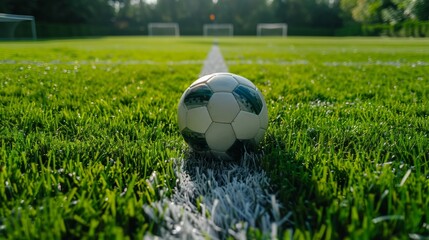 A soccer ball rests on the field's white line under bright sunlight, with goalposts visible in the background during an afternoon match