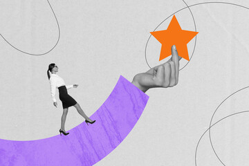 Composite trend artwork 3D sketch image photo collage of huge hand gesture hold star young lady...