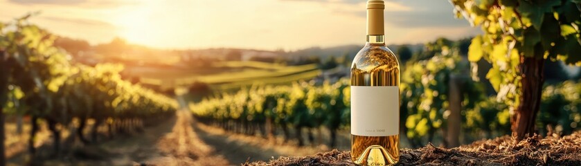 Bottle of White Wine in a Scenic Vineyard at Sunset with Rolling Hills in the Background