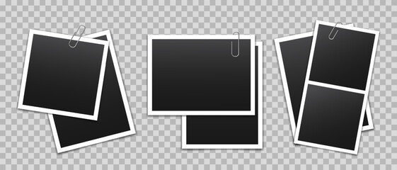 Vector blank photo frames with silver metal paper clip and shadow isolated on transparent background. Template mockup photo design.