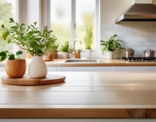 Fototapeta premium Bright and Minimalist Kitchen Countertop With Natural Materials and Plants in Daylight