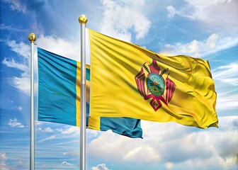 Vibrant national flag of New Mexico with its iconic Zia symbol and Delaware state flag with its diamond-shaped crest, both waving majestically in the wind.