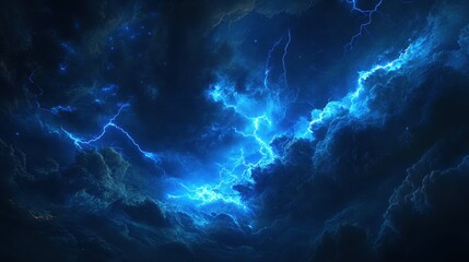 A dramatic sky filled with blue lightning and dark clouds, evoking a sense of power and mystery.