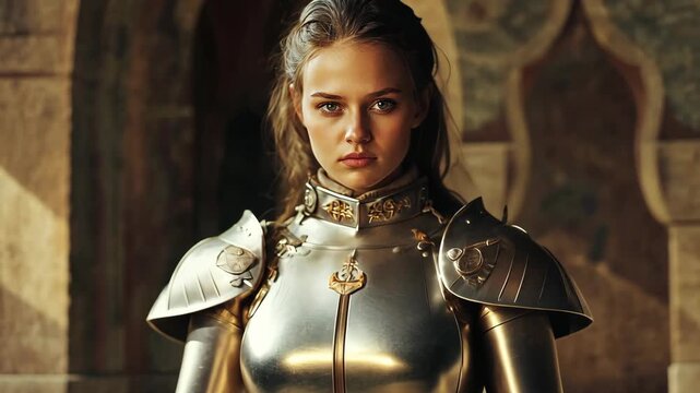 Medieval knight in shining armor poses confidently in an ancient castle setting, female warrior fighting princess