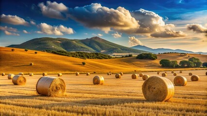 Rustic landscape of rounded hay bales scattered across a golden field, set against a serene blue sky with rolling hills in South Sardinia's countryside.