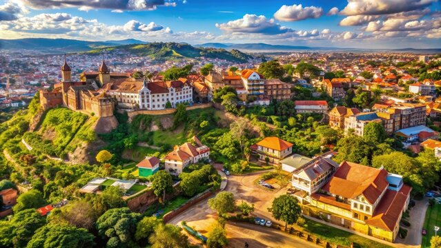 Breathtaking aerial panorama of Rova, a historic royal palace complex, amidst a tapestry of rustic houses and lush greenery in Antananarivo, Madagascar's vibrant capital city.