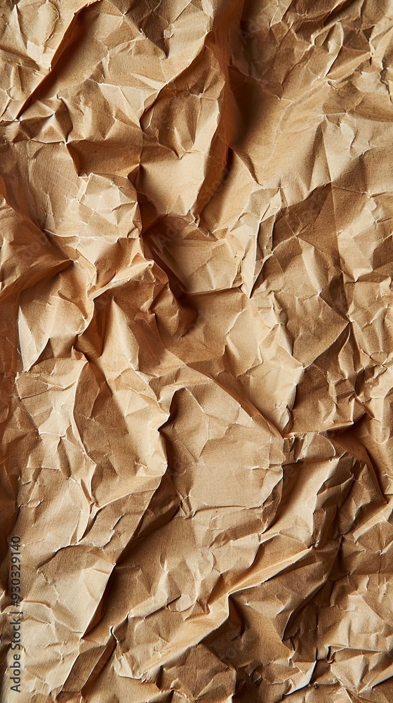 Poster textured surface of crumpled brown paper reveals complex folds and shadows, ideal for creative proje