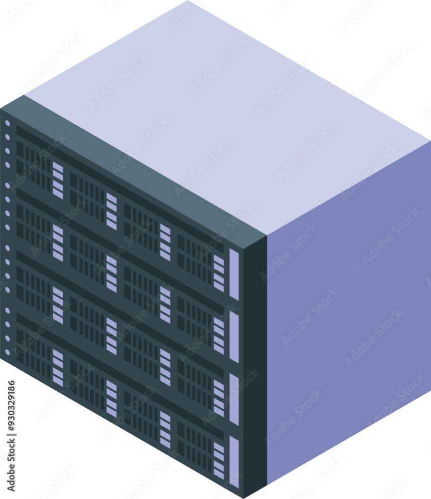 Poster modern server rack storing and processing big data isometric view