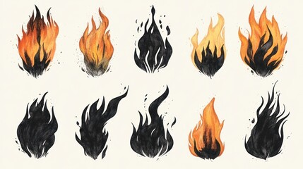 Watercolor Illustration of Various Flame Shapes