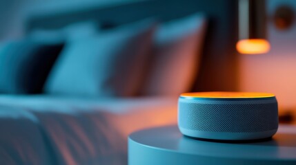 Modern bedroom setting showcasing a glowing speaker on a bedside table, emphasizing contemporary design and creating a calming listening atmosphere.