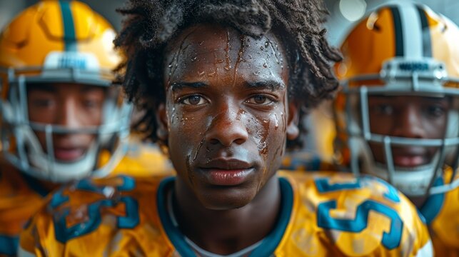 Young male football players preparing for a game while wearing yellow jerseys in a sports locker room during practice - Powered by Adobe