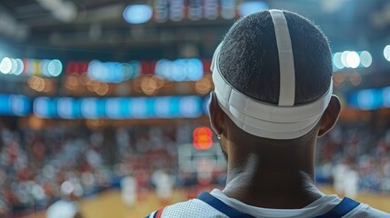 Basketball player prepares for game in packed arena during evening match