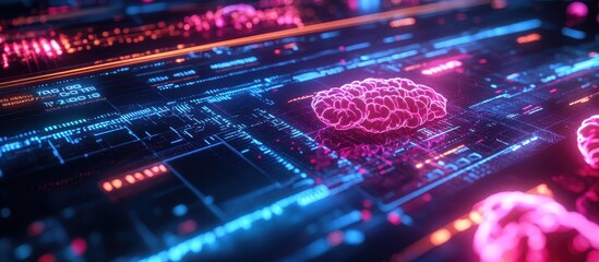 Fototapeta premium Futuristic Digital Brain Interface with Neon Lights and Data Streams in a High-Tech Environment