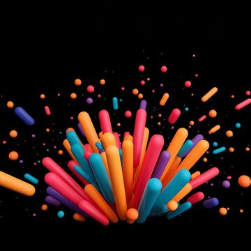 Firecrackers exploding in the sky, colorful trails, night scene, 3D illustration