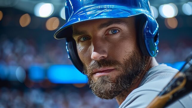 A baseball player in a blue helmet focuses intently while holding a bat during a game at a packed stadium in the evening