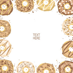 Set of sweet doughnut bread frame background pastry sweet dessert snack cafe food in colorful cream icing topping