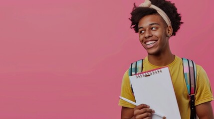 Obraz premium An African American student in a yellow t-shirt and headband, holding a notebook, with a backpack against a pink background, appears ready for school.