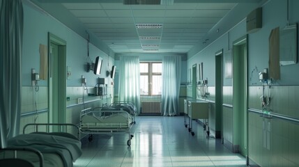 A hospital hallway with empty beds, nightstands, TV monitors, and curtains. Dimly lit, quiet, and well-maintained, creating a desolate atmosphere.