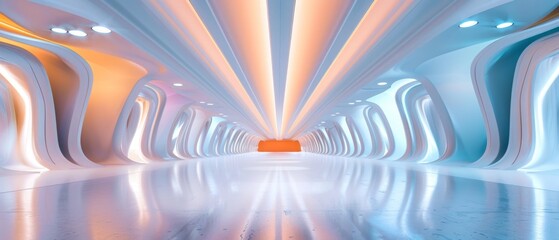 A futuristic underground tunnel with high ceilings, white walls, and orange lighting. Circular columns with gold outlines add to the colorful ambiance.