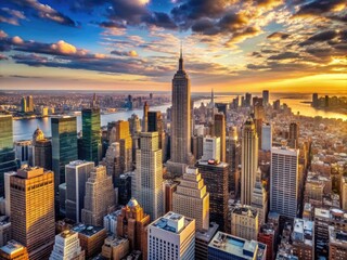 Naklejka premium Manhattan's iconic skyline featuring towering skyscrapers, bustling streets, and vibrant city life, capturing the essence of the largest cultural hub in the Big Apple.