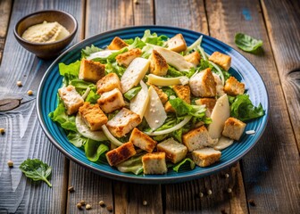 Freshly prepared Caesar salad with grilled chicken, croutons, and parmesan cheese, served on a blue ceramic plate against a rustic, natural wood background.