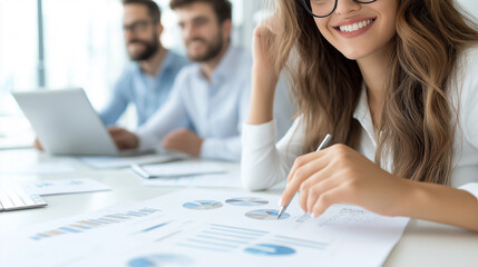 Smiling businesswoman explaining graph to colleagues in office