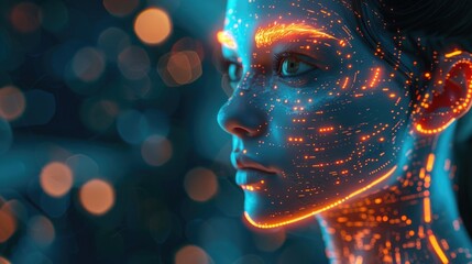 Closeup of futuristic female face glowing sparkle sparks