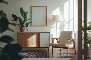 A close-up shot of an empty picture frame on the wall in a mid-century modern living room, with warm sunlight streaming through large windows and casting soft shadows across the clean white walls.