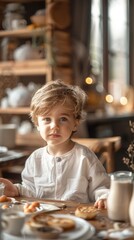A boy in a white shirt eats a flower-shaped pizza with milk. The cozy kitchen has appliances, plants, and shelves with kitchenware and lights above the table.