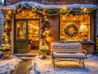 Cozy winter street scene features a snow-covered bench outside a warmly lit bakery, surrounded by festive decorations, garlands, and a beautifully lit Christmas wreath.