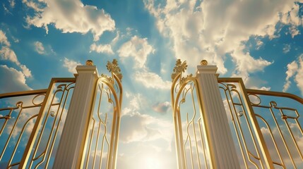 Majestic Golden Gates Opening to Radiant Heavenly Sky