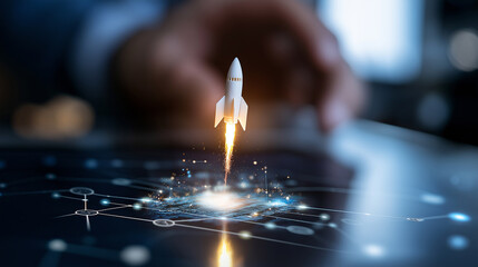Startup business concept, rocket is launching and flying from hand to sky for growing business, fast business success. startup founder, network connection, idea generation, digital marketing 